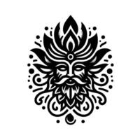 Stylized Black and White Floral Deity with Flowing Beard, Ornate , Mystical Face, Symmetric Composition, and Circular Dots vector