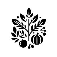 A stylized, symmetrical black and white illustration featuring a central treelike structure adorned with leaves, a pumpkin, an apple, and berries, evoking harvest and abundance. vector