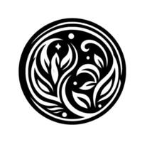 Intricate Black and White Circular Foliage Motif with Leaves, Stars, and Dots in a Symmetrical, Stylized Arrangement. vector