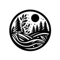 Black and white minimalist nature scene, a forest and moon within a circle. Depicting fir trees, hills, foliage, and dots. vector