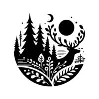 A serene black and white circular featuring a majestic deer in a forest setting, moonlit night with stylized trees and foliage. vector