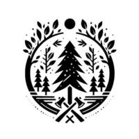 Stylized Black and White Circular Emblem Pine Tree, Axes, Forest, Nature, Circle, with Leaves, Dots, and Arrows. vector