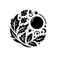 A symmetrical black and white circular featuring stylized leaves, geometric shapes, and a central sphere, evoking nature and balance. vector