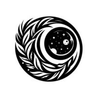 Abstract Black and White Celestial Crescent Moon Within Starry Night, Surrounded by Laurel Wreath in Circular Composition. vector