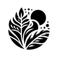 A striking monochrome circular featuring stylized plant life, a solid black sun, waves, and a constellation of dots, all on a pristine white background. vector