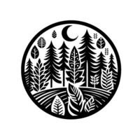 Black and white circular depicting a tranquil forest scene with stylized trees, vegetation, moon, and minimalist aesthetic. vector