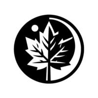 Bold Black and White Circular Featuring Stylized Maple Leaf with a Moonlike Crescent and a Small Dot. vector