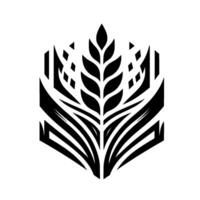 A symmetrical, black and white featuring stylized wheat, constructed from geometric shapes and a central leaflike cluster, against a clean white backdrop. vector