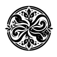 Symmetrical Black and White Circular Floral with Leafy Details and Ornate Swirls, Suggesting Balance and Harmony. vector