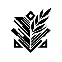 Geometric Black and White Emblem Featuring Abstract Leaf, Diamond, and Triangular Shapes, Minimalist on White Backdrop. vector
