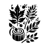 A stark black and white illustration featuring a collection of stylized natural elements, including leaves, berries, and a crosssection of a tree, all arranged in an artistic composition. vector