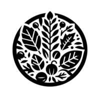 Circular Black and White Botanical Composition Featuring Leaves, Berries, and a Central Branch, Decorative and Minimalist. vector