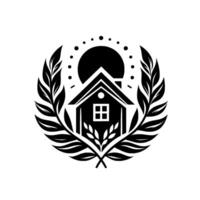 A minimalist black and white featuring a house, sun, and leaves, creating a harmonious circular composition, evoking nature and home. vector