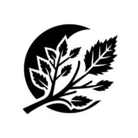 Black silhouette of a leafy branch within a crescent moon against a bright white background, a minimalist natureinspired . vector