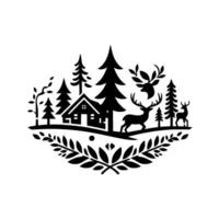 Silhouette of a cabin, deer, and trees in a symmetrical, blackandwhite folk art , framed by a leafy border and a white background. vector