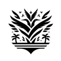 Black and White Stylized Nature Illustration Two Birds with Outspread Wings, Flying Birds, Palm Trees, and Foliage in a Crest . vector