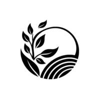 Minimalist Black and White A stylized sprout emerges from a circular frame over a textured horizon, evoking growth and nature. vector