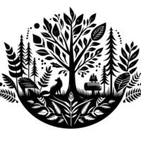 Stylized Black and White Forest Scene with a Fox, Trees, and Foliage Enclosed in a Circular . vector