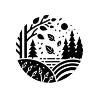 Stylized monochrome illustration of a landscape within a circle featuring trees, fields, falling leaves, and a sun. vector