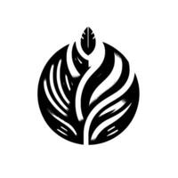 Stylized Black and White Abstract Floral Composed of a Round Shape with a Leaf, Emphasizing Symmetry and Geometric Forms. vector