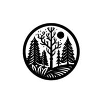 Minimalist Black and White Circular Landscape Forest Scene with Evergreen Trees, Bare Tree, Sun, and Grass. vector