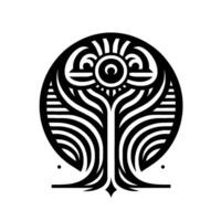 Intricate Black and White Circular Abstract Tree with Striated Branches and a Central Sunlike Element. vector