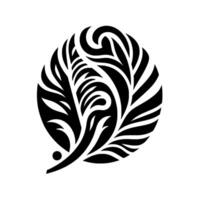A stylized, black and white, symmetrical, circular illustration featuring organic, fernlike patterns resembling intricate tribal art against a clean white background. vector