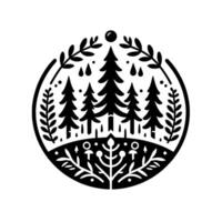 Stylized Black White Forest Scene in Circle, Featuring Pine Trees, Rain, and Decorative Floral Elements for a NatureInspired . vector