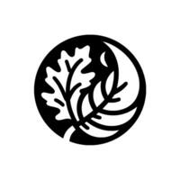 Black and white featuring a stylized oak leaf, a long leaf with a moon crescent, enclosed in a circle, minimalist. vector