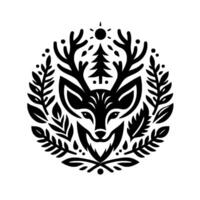 A stylized black and white circular emblem featuring a deer head with antlers, surrounded by foliage, sun and tree elements. vector