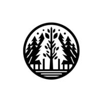 Minimalist circular featuring forest silhouette with evergreen trees and a central deciduous tree, framed in black on white. vector