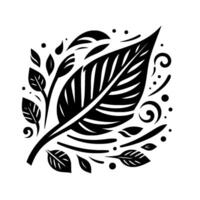 Monochromatic, abstract depiction of a large leaf surrounded by stylized botanical elements like smaller leaves, buds, and decorative swirls, on white. vector