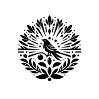 Elegant Black and White Emblem A stylized bird perched on a branch within a circular , surrounded by botanical elements. vector