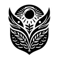 Geometric Black and White Emblem Sun, Leaves, and WingLike Elements in a Symmetrical on a White Background. vector
