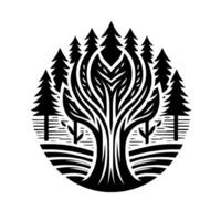Intricate Black and White Nature A stylized tree and forest landscape within an oval frame, minimalist . vector