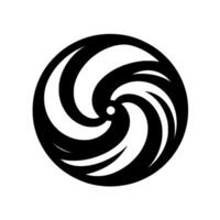 A stylized, monochromatic featuring a swirling vortex composed of layered, curved white forms against a black circular background, with a central white dot. vector