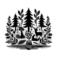 A stylized black and white forest scene, featuring a deer, rabbit, mushrooms, trees, and foliage arranged symmetrically with a minimalist aesthetic. vector