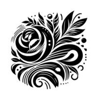 Elegant Black and White Floral Abstract Rose and Leaf Motif with Swirls, Drops, and Dots on a White Backdrop. vector