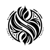 Intricate black and white circular with organic flowing lines, stylized leaves, dots, and dashes, creating a symmetrical, ornamental artwork. vector