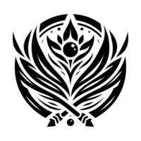 Intricate black and white circular featuring stylized leaves, a central flowerlike element with a pearl, and symmetrical, ornamental shapes, creating a balanced, geometric composition. vector