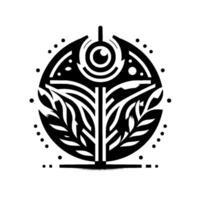 Abstract, geometric black and white circular featuring a stylized eye, leafy branches, and intricate dot patterns, evoking nature and symbolic meaning. vector