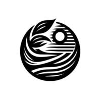 Circular minimalist black and white depicting a stylized tropical scene leaves, sun, and flowing water, within a harmonious composition. vector