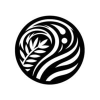 Intricate black and white circular featuring a stylized leafy branch, swirling lines, and dotted accents in a balanced, minimalist composition. vector