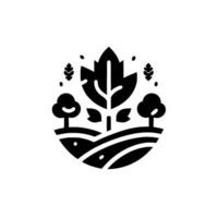 Black and white minimalist of a stylized field with crops, trees, and a large central leaf, evoking nature and agriculture. vector