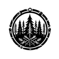 A bold, circular emblem depicting stylized pine trees and a campfire silhouette enclosed within a textured border, evoking a rustic, adventurous aesthetic. vector