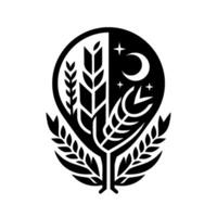 A symbolic monochrome emblem featuring wheat, a moon, and stars, representing the cycle of day and night and the agricultural bounty. vector