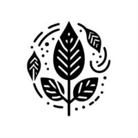 Monochromatic Circular Floral Composition with Stylized Leaves and Decorative Elements on White Background. vector