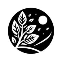 Minimalist Black and White Circular Serene Scene with a Branch, Leaves, Moon, and Subtle Elements, Emphasizing Nature. vector
