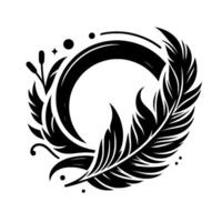 Intricate Black White Circular featuring a Feather, Foliage, and Abstract Shapes on White Background. vector