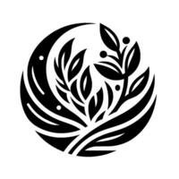 Intricate black and white circular showcasing stylized foliage, leaves, berries, and organic flowing forms within a minimalist composition. vector